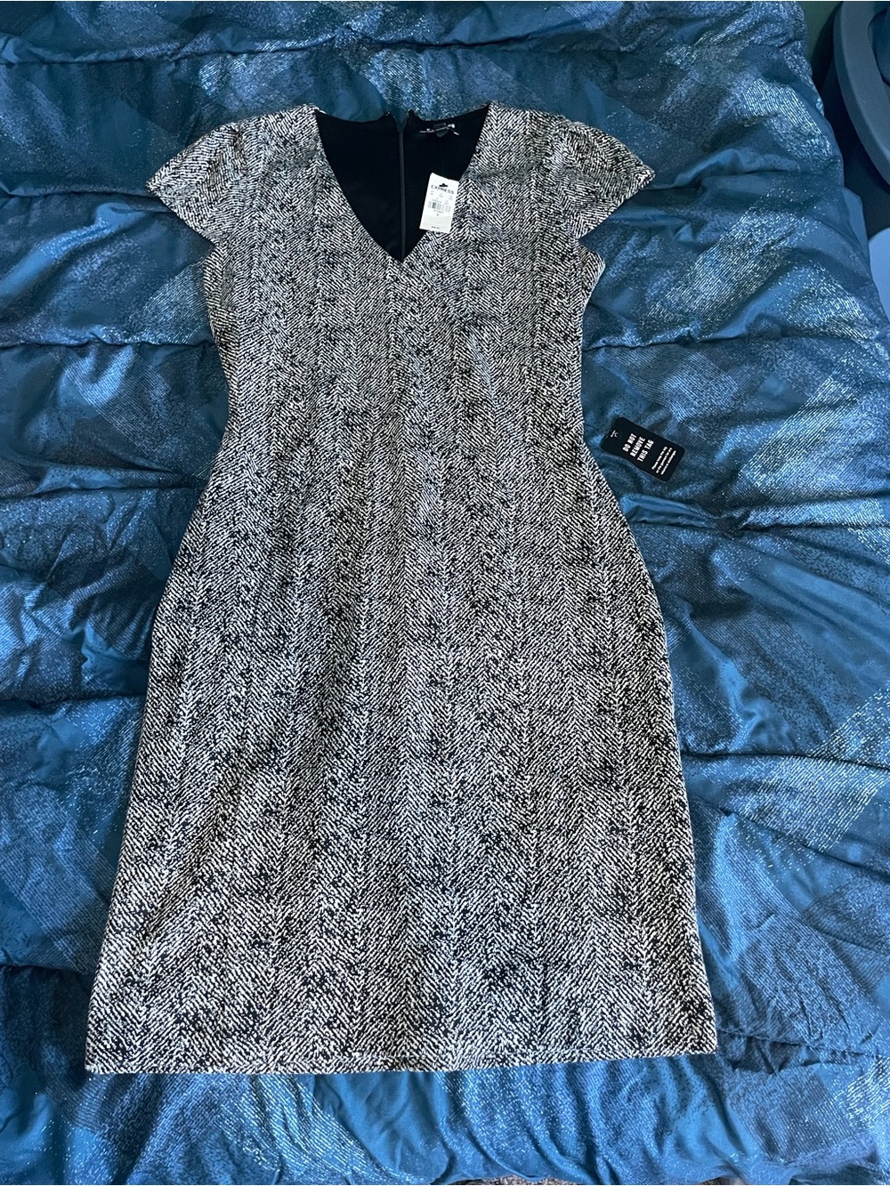 Express Black and White Herringbone V-Neck Dress